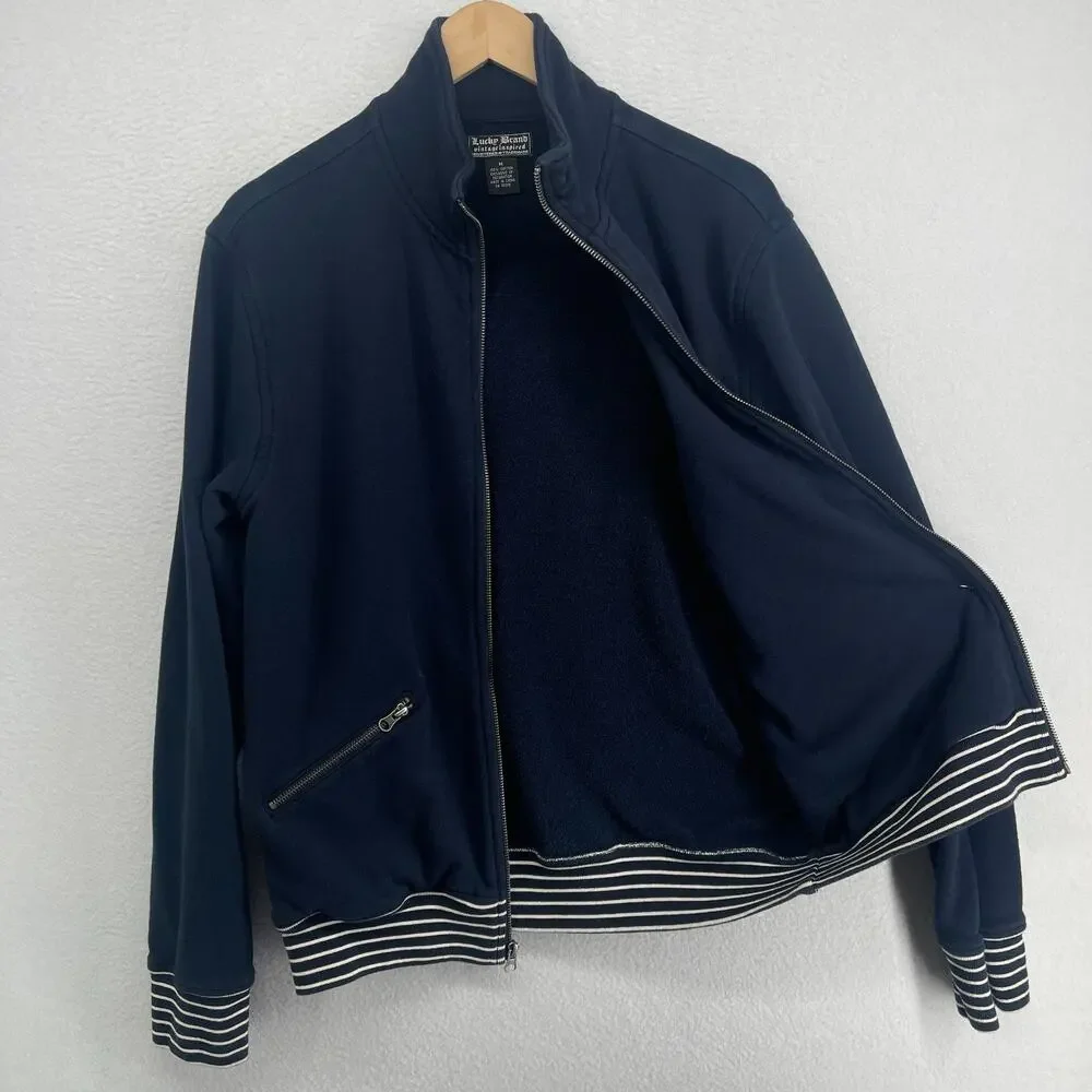 LUCKY BRAND Jacket Mens M ENGLAND 57 Crest Patch Track Terry Full Zip Blue Vtg